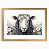 Framed wall art featuring a whimsical sheep design from the "Animals A Wild Life" collection, showcased in a sleek gold frame with a white mat, perfect for home decor.