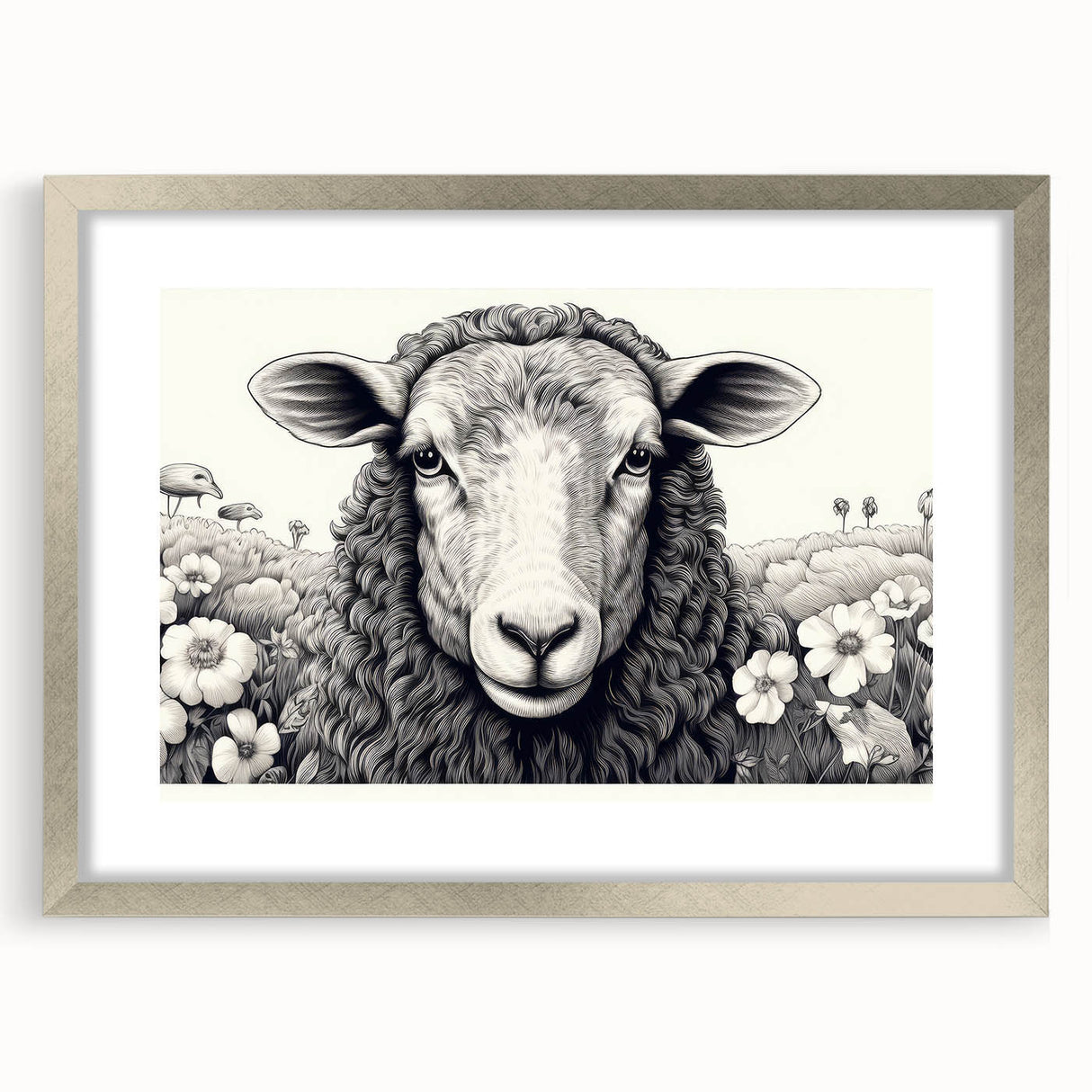 Framed wall art featuring a serene sheep design in a silver frame with a mat, showcasing intricate details and a calming color palette, perfect for home decor.