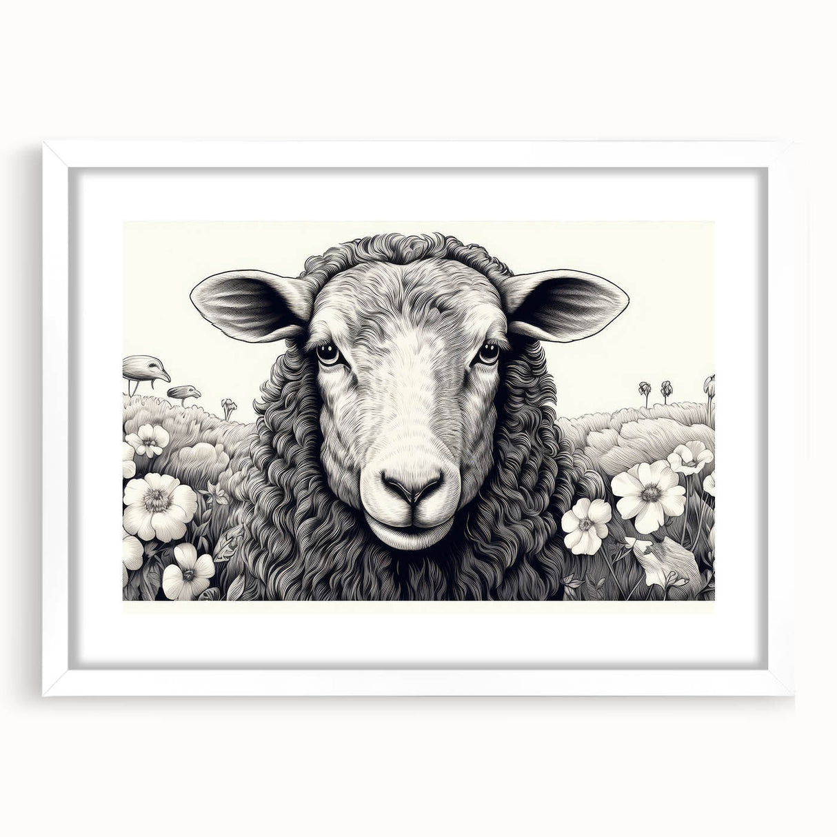 Framed wall art featuring a serene sheep design in a minimalist style, set against a white matting, ideal for enhancing home decor with a touch of nature-inspired elegance.