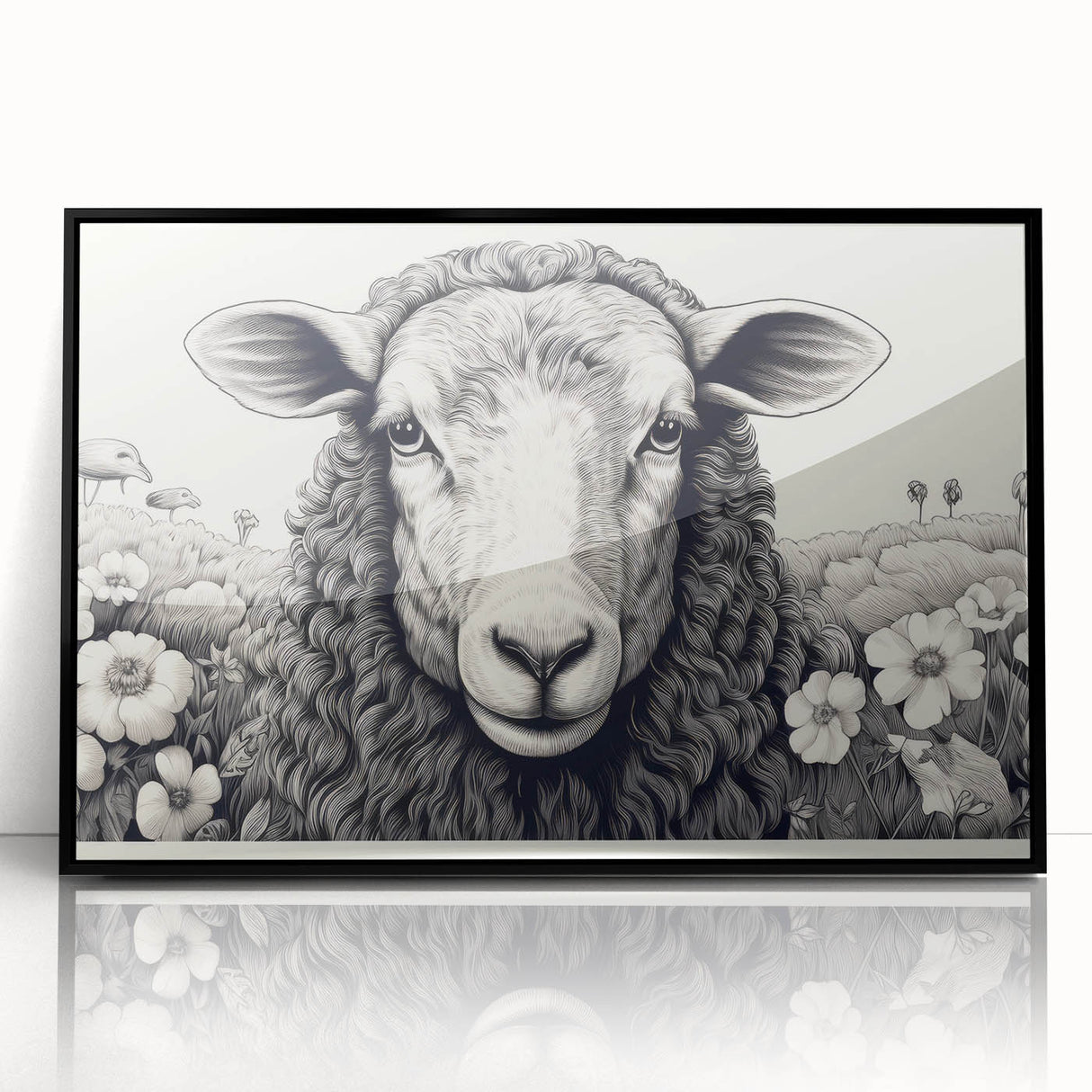 Framed wall art featuring a striking sheep design from the "Animals: A Wild Life" collection, showcased in a sleek black frame, ideal for enhancing home decor.