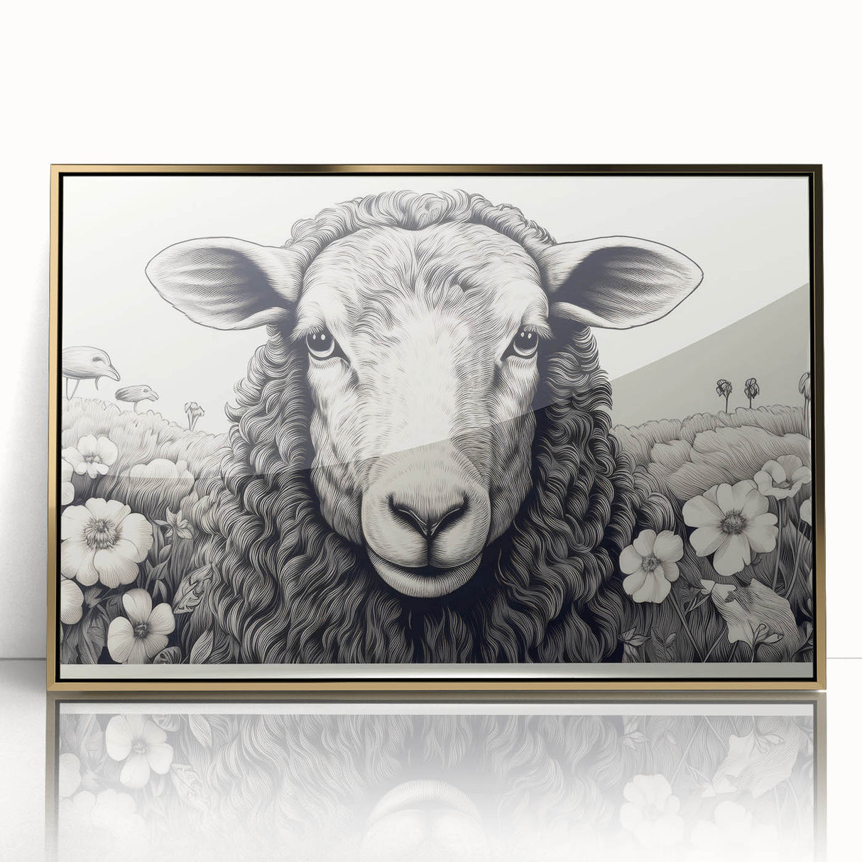 Framed wall art featuring a vibrant sheep design in a gold-accented frame, perfect for adding a touch of wildlife charm to home decor, highlighting intricate details and a modern aesthetic.