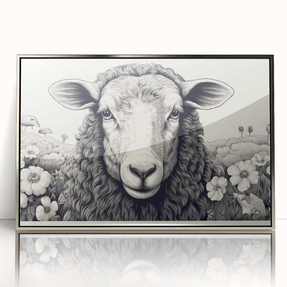 Framed wall art showcasing a silver-accented sheep design from the "Animals A Wild Life" collection, perfect for adding a touch of elegance to any room decor.