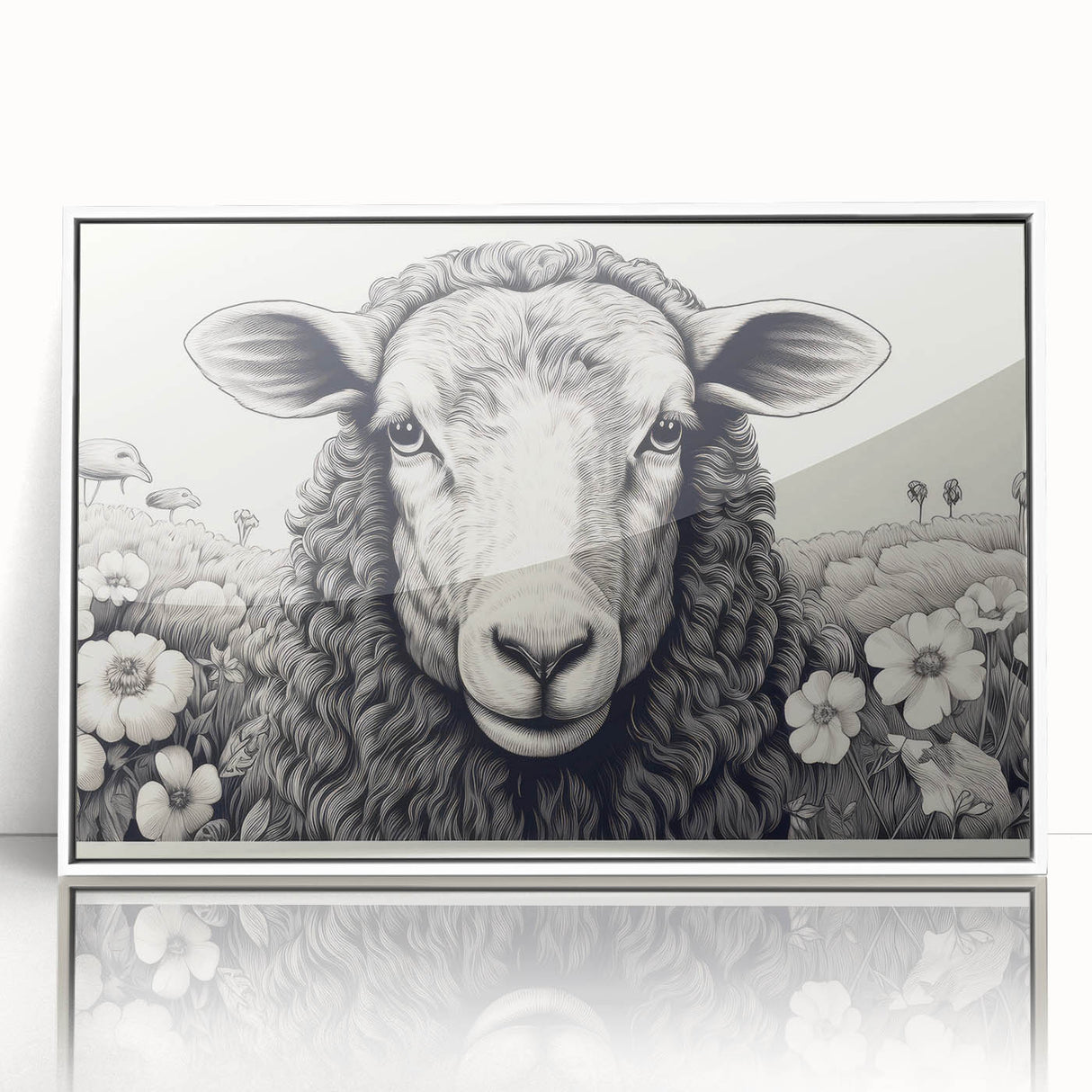 Framed acrylic wall art featuring a whimsical sheep design in a white frame, showcasing vibrant colors and playful details, ideal for animal lovers and home decor.