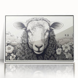 Framed acrylic wall art featuring a whimsical sheep design in a white frame, showcasing vibrant colors and playful details, ideal for animal lovers and home decor.