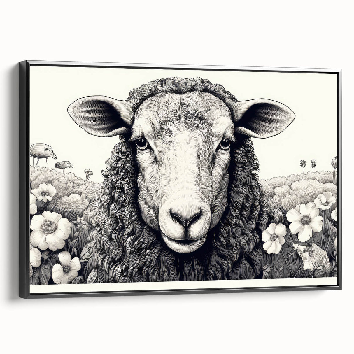 Framed wall art showcasing a serene sheep design in a black frame, highlighting intricate details and textures, ideal for nature-themed decor.