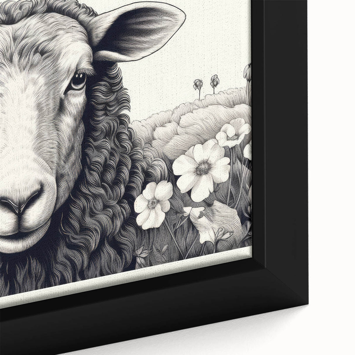 Close-up of a framed canvas wall art featuring a detailed sheep design, showcasing soft textures and earthy colors, perfect for animal lovers and home decor.