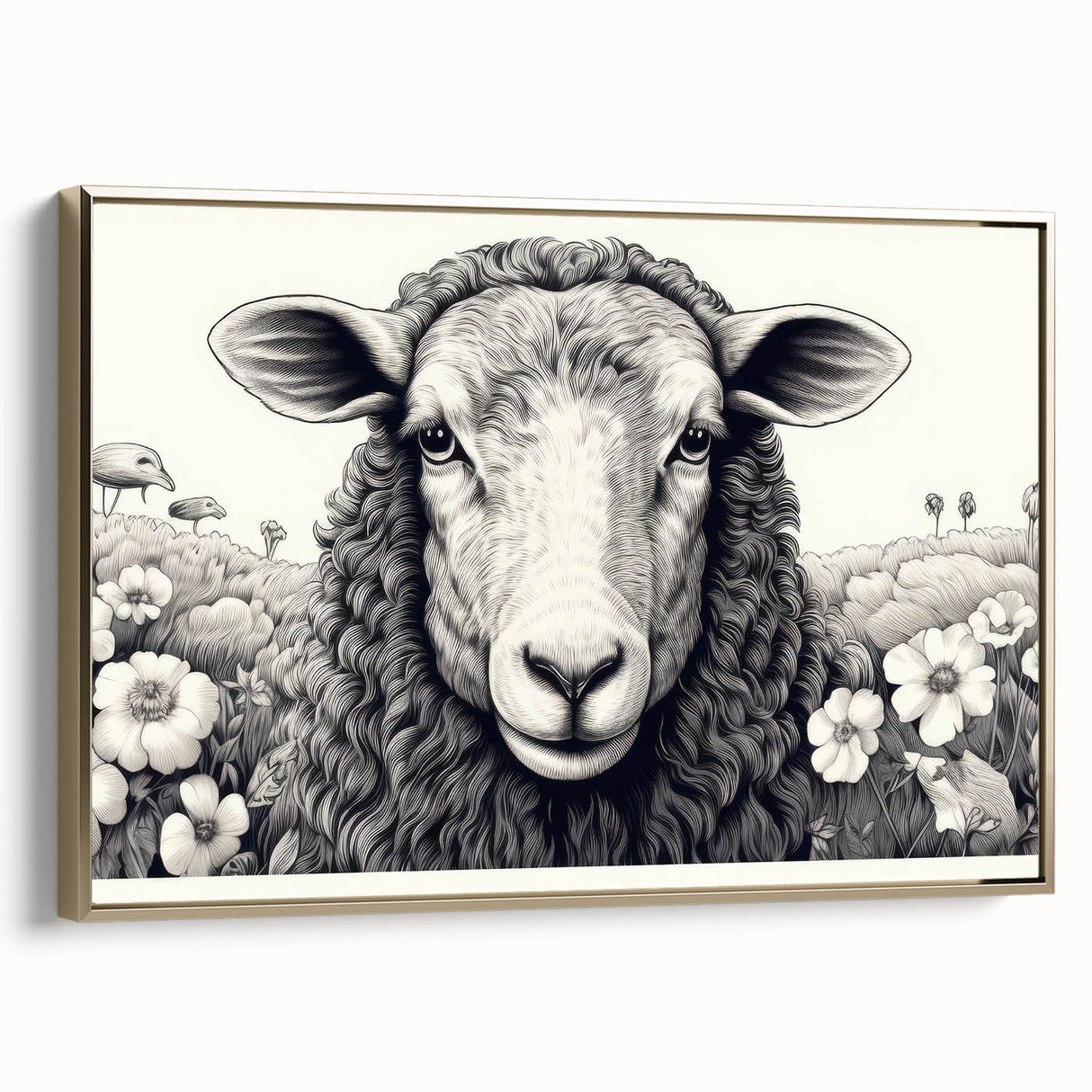 Framed wall art featuring a sheep design from the Animals A Wild Life collection, showcasing intricate details and a gold frame, ideal for animal lovers and home decor enthusiasts.