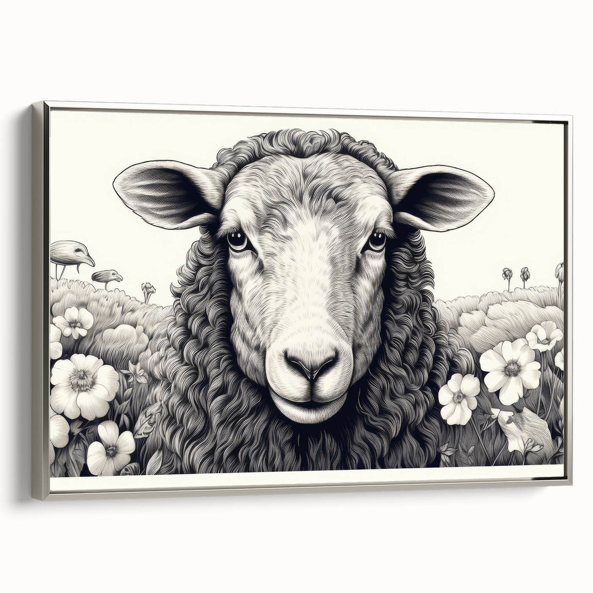 Framed canvas wall art showcasing a serene sheep design in a silver frame, perfect for adding a touch of nature to home decor. The piece features soft colors and detailed textures, ideal for animal lovers and rustic-themed interiors.