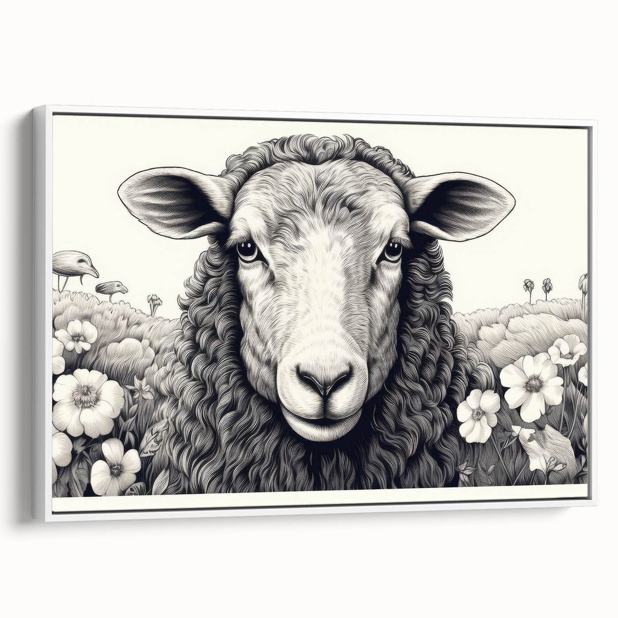 Framed wall art showcasing a sheep design from the "Animals of the Wild" collection, featuring a white background and elegant side view, perfect for animal lovers.