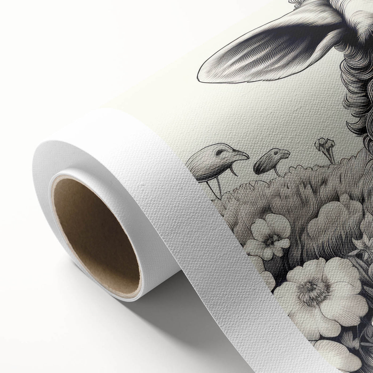 Rolled canvas print showcasing a vibrant sheep design from a wildlife collection, highlighting intricate details and textures, perfect for rustic or nature-themed decor.