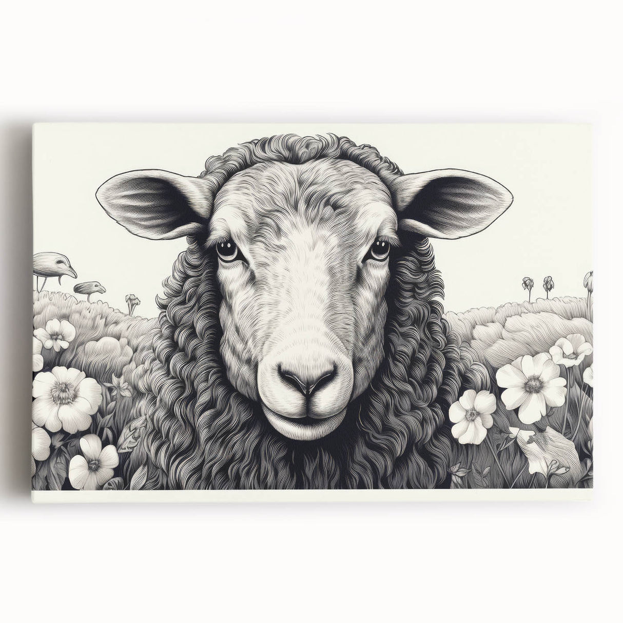 Stretched canvas wall art featuring a detailed sheep design against a neutral background, ideal for nature-themed decor in homes or offices, showcasing vibrant colors and intricate textures.