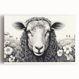 Stretched canvas wall art featuring a detailed sheep design against a neutral background, ideal for nature-themed decor in homes or offices, showcasing vibrant colors and intricate textures.