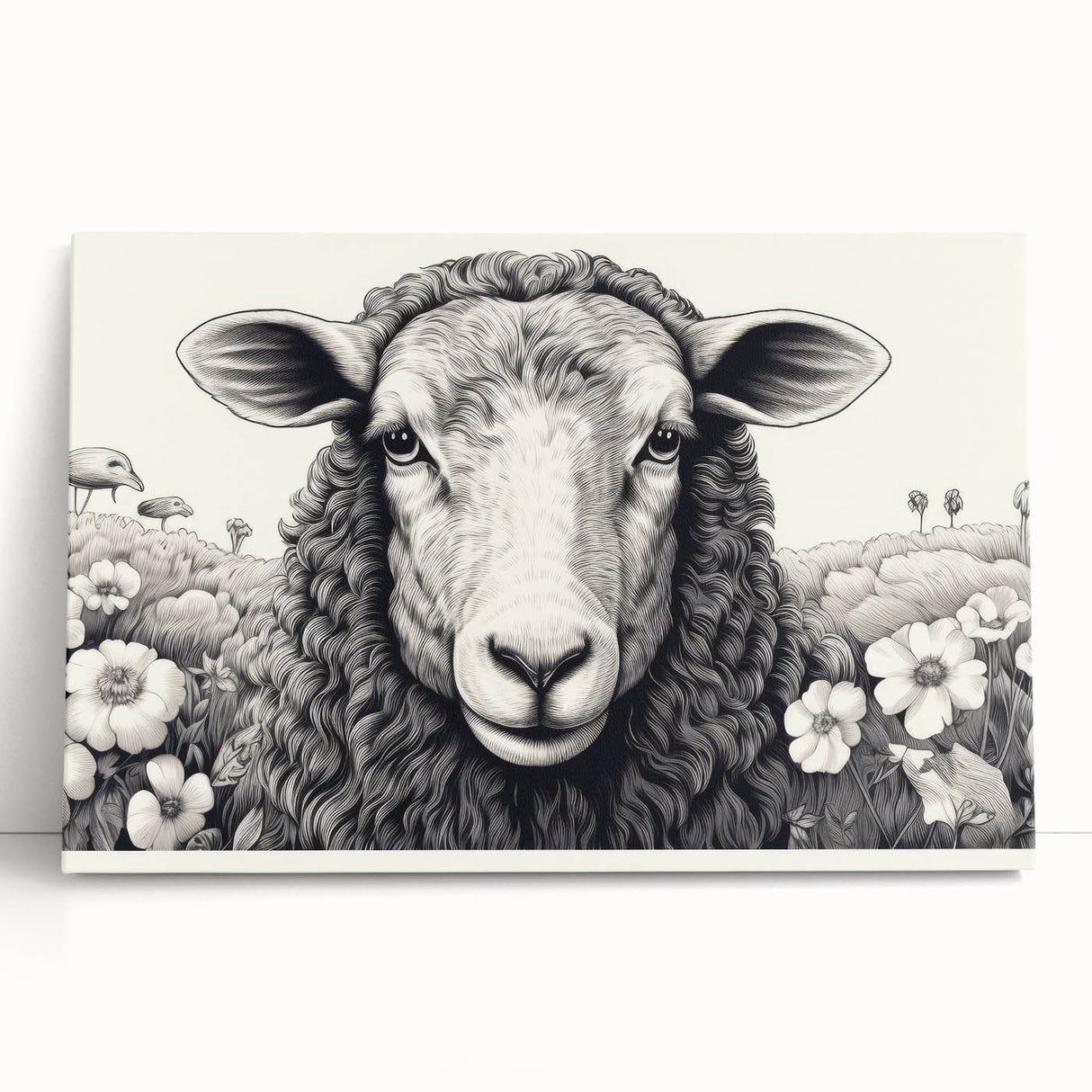 Stretched canvas wall art showcasing a serene sheep design, featuring soft colors and intricate details, perfect for adding a touch of nature to home decor.