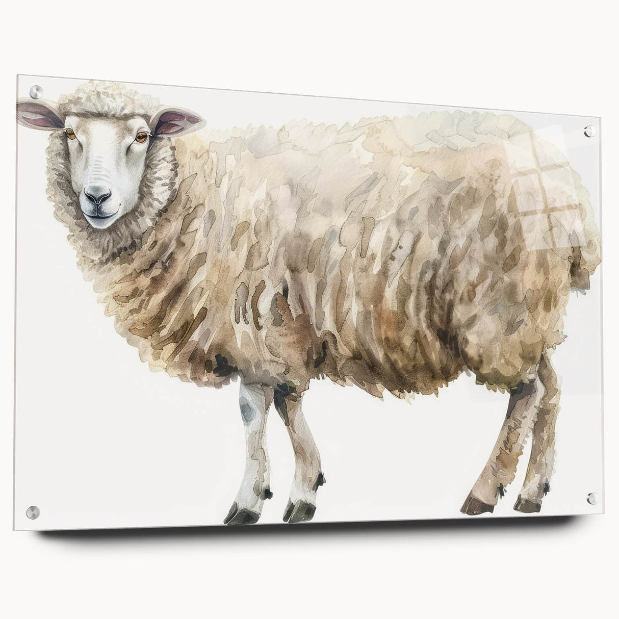 Side view of a sheep-themed acrylic wall art piece, showcasing a vibrant, colorful design with intricate details, mounted with pins for display. Perfect for animal lovers and home decor enthusiasts.
