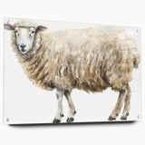Side view of a sheep-themed acrylic wall art piece, showcasing a vibrant, colorful design with intricate details, mounted with pins for display. Perfect for animal lovers and home decor enthusiasts.