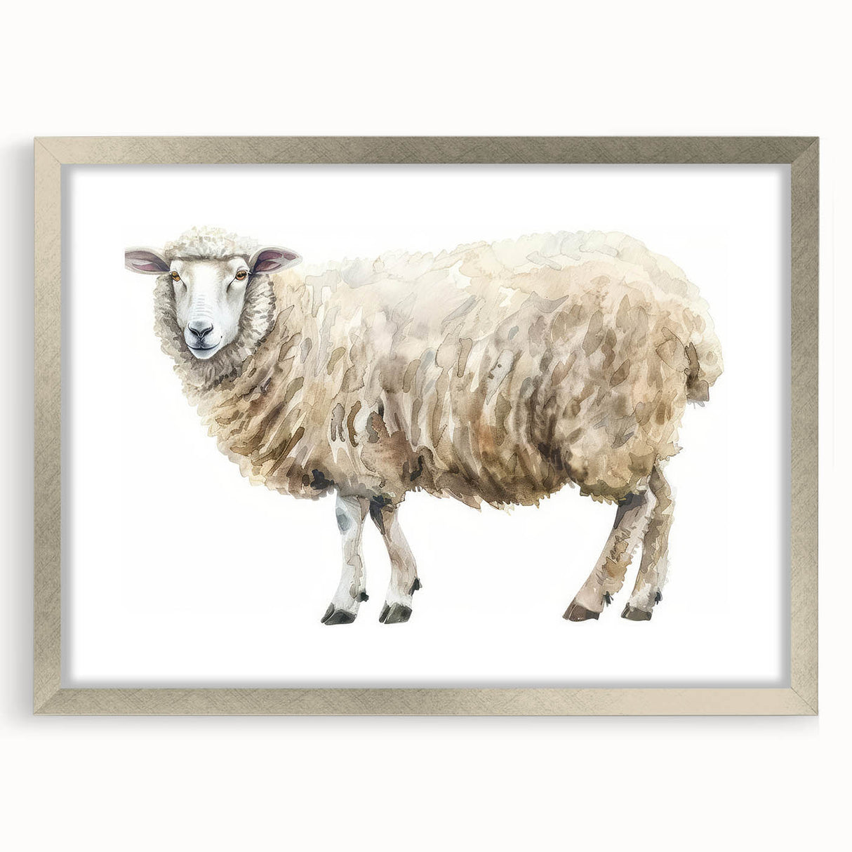 Framed wall art featuring a serene sheep design from the "Animals of the Wild" collection, showcasing a silver frame and mat, perfect for nature-themed decor.