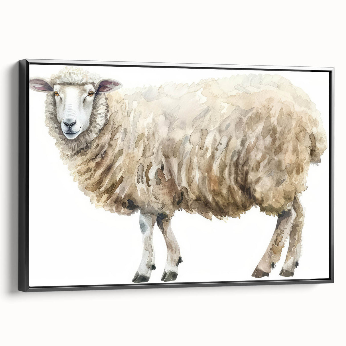 Framed canvas wall art featuring a colorful sheep design from the 'Animals of the Wild' collection, displayed in a sleek black frame, perfect for home decor.