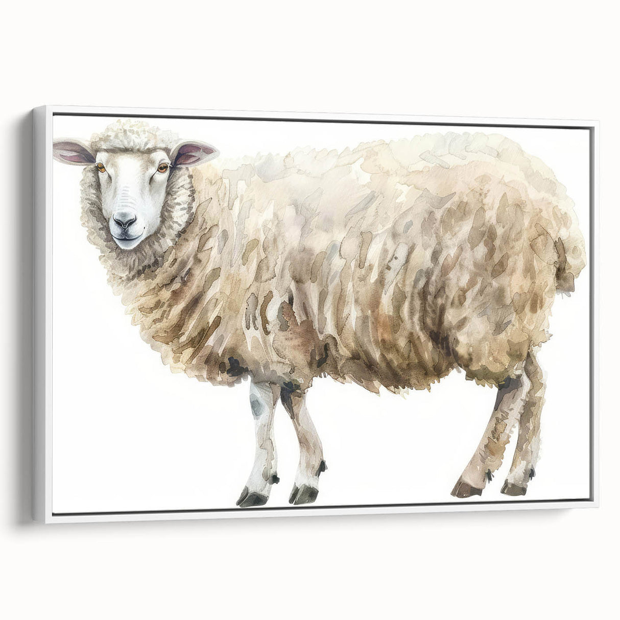 Framed canvas wall art showcasing a sheep design from the "Animals a Wild Life" collection, presented in a stylish white frame, ideal for home decor.