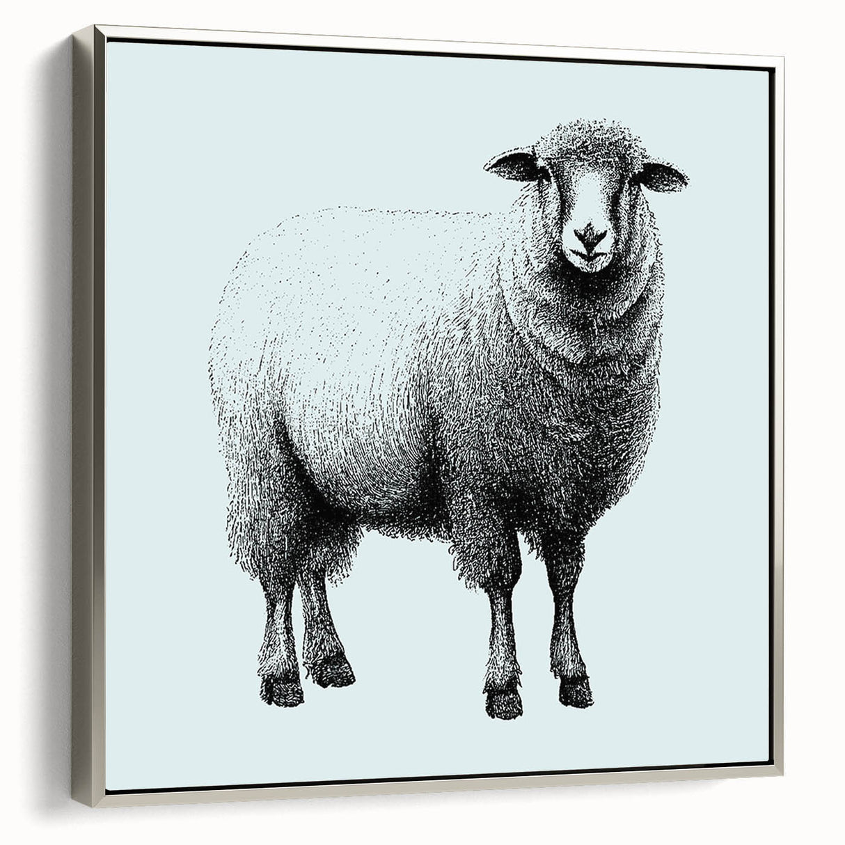 Framed canvas wall art showcasing a detailed sheep design in a silver frame, highlighting intricate textures and colors, perfect for animal lovers and home decor.
