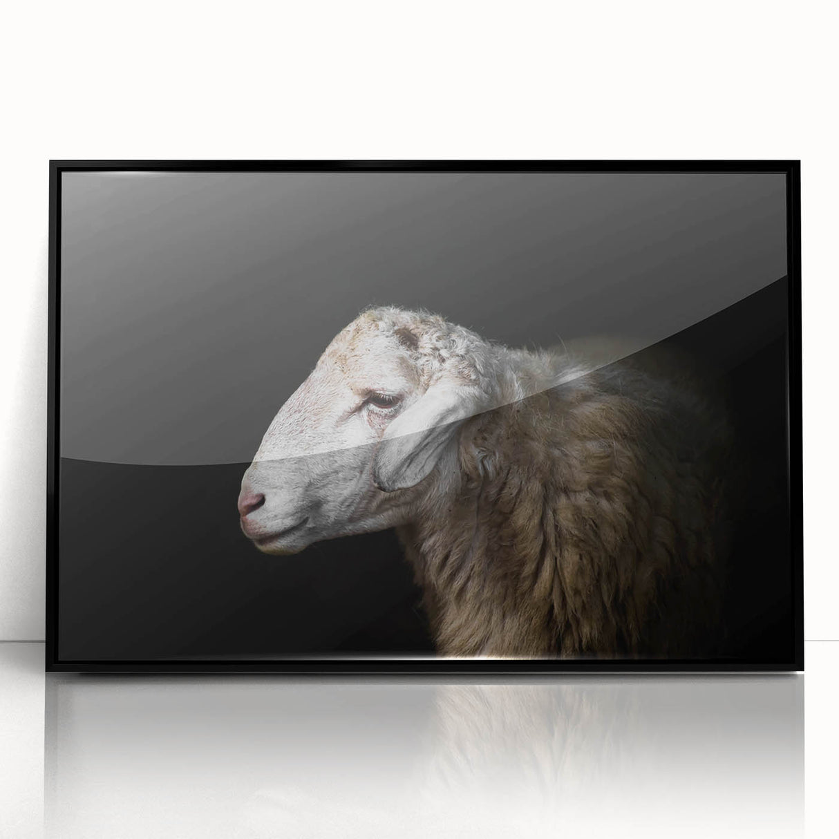 Framed acrylic wall art showcasing a modern sheep design against a sleek black background, perfect for adding a contemporary touch to any space.