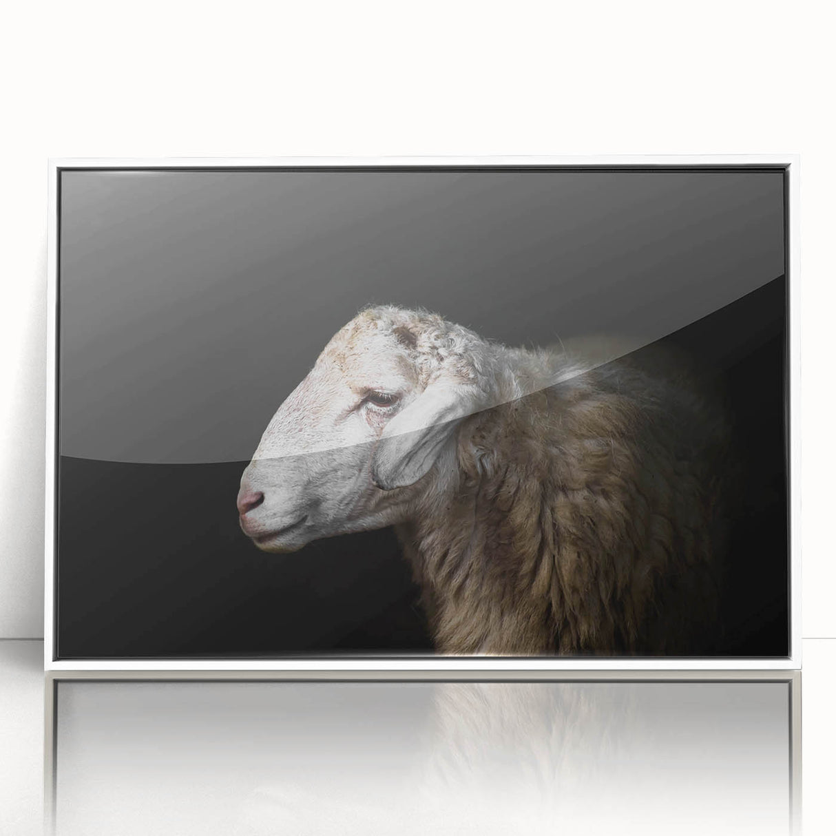 Framed wall art showcasing a minimalist sheep design in a white frame, perfect for modern home decor. The artwork features soft colors and intricate detailing, ideal for animal lovers and nature-themed interiors.