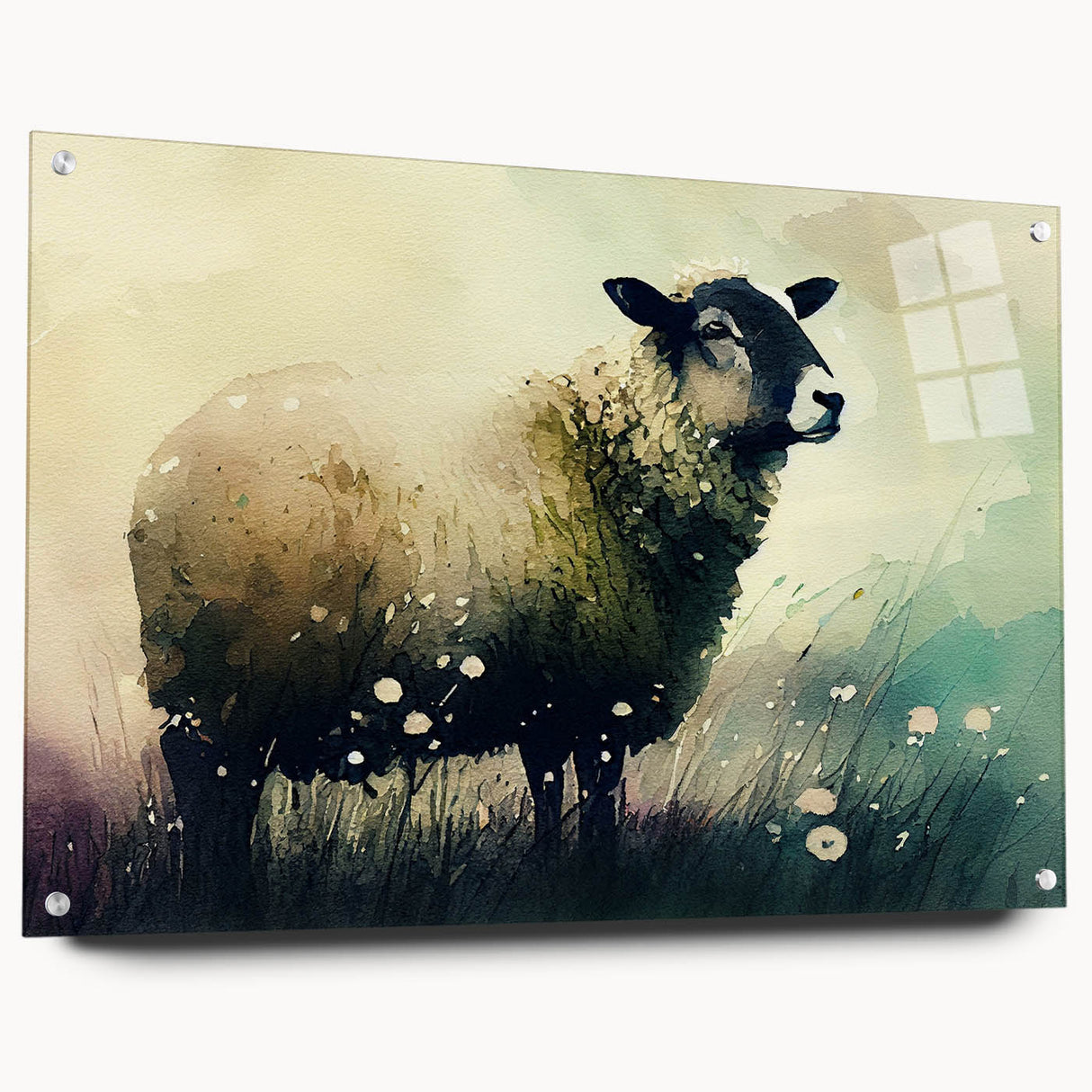 Side view of an acrylic glass wall art piece depicting a sheep design from the "Animals: A Wild Life" collection, showcasing vibrant colors and intricate details, mounted with pins for easy display.