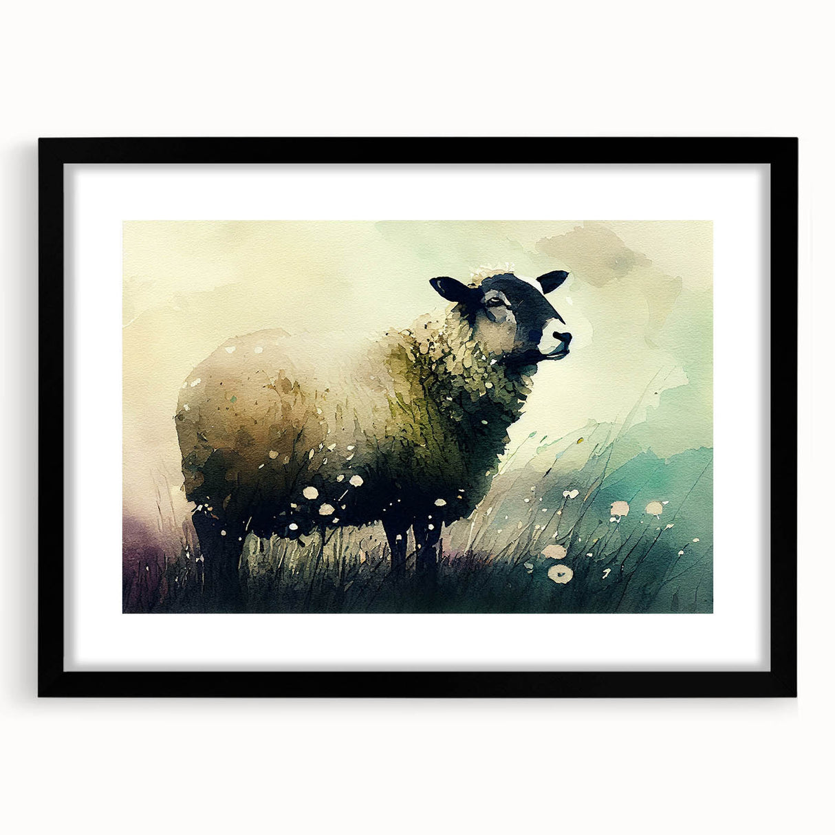 Black-framed wall art featuring a stylized sheep design, part of the Animals A Wild Life collection, showcasing detailed textures and vibrant colors. Ideal for animal lovers and home decor enthusiasts.