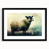 Black-framed wall art featuring a stylized sheep design, part of the Animals A Wild Life collection, showcasing detailed textures and vibrant colors. Ideal for animal lovers and home decor enthusiasts.