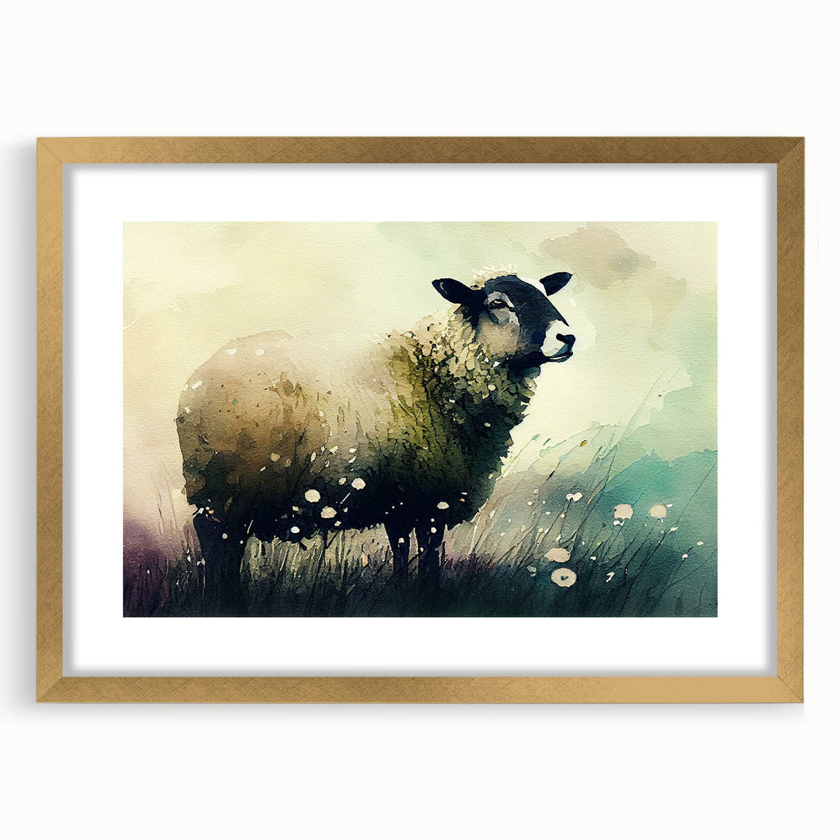 Framed wall art featuring a stylized sheep design in a gold frame with a mat, showcasing intricate details and a contemporary aesthetic, ideal for animal lovers and home decor enthusiasts.