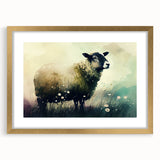 Framed wall art featuring a stylized sheep design in a gold frame with a mat, showcasing intricate details and a contemporary aesthetic, ideal for animal lovers and home decor enthusiasts.