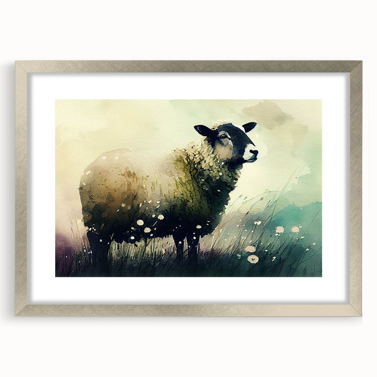 Silver-framed wall art featuring a serene sheep design from the "Animals of the Wild" collection, complete with a stylish mat, showcasing a tranquil nature theme suitable for home decor.