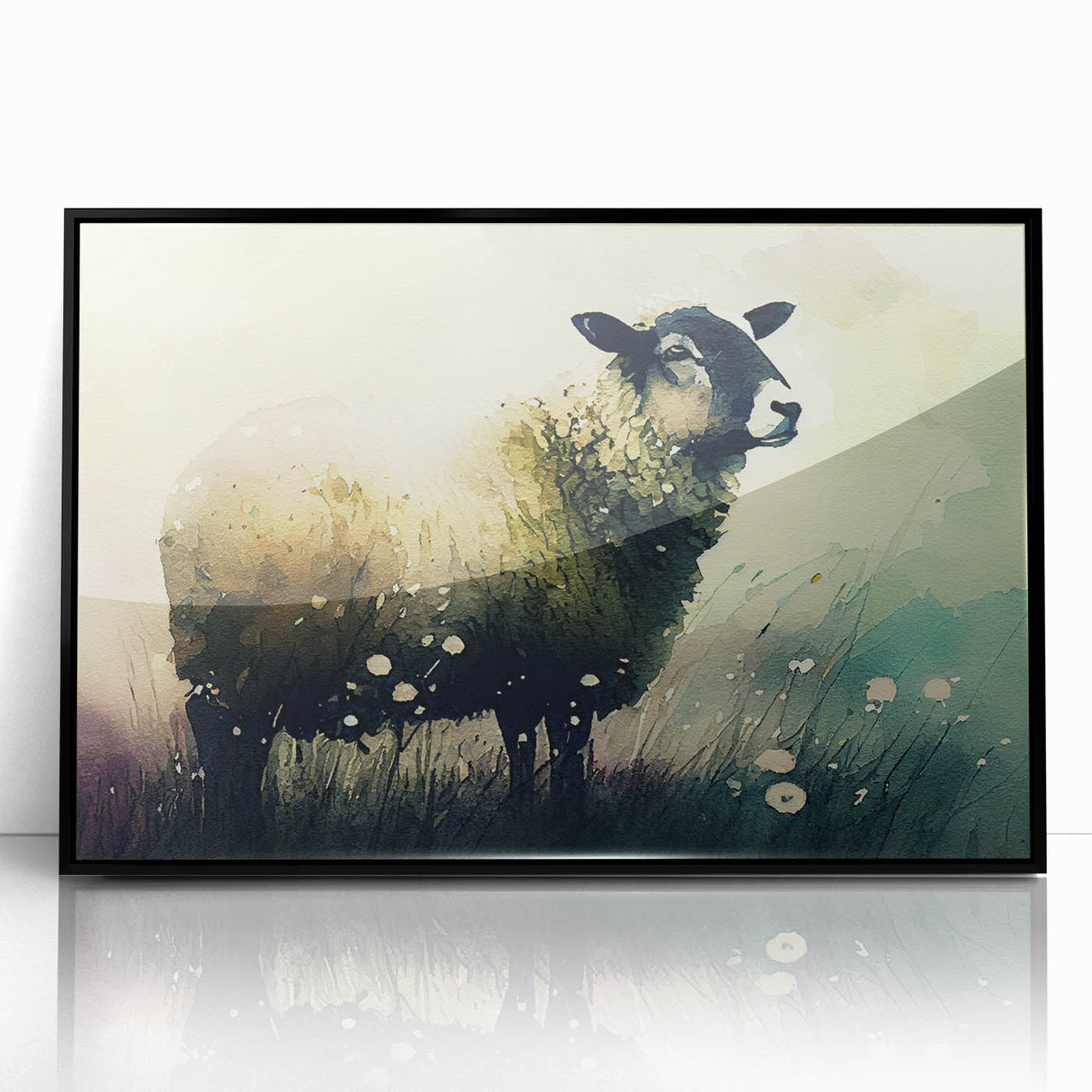 Framed wall art featuring a striking black acrylic design of a sheep in a wild landscape, showcasing intricate details and vibrant colors, perfect for animal lovers and modern decor.