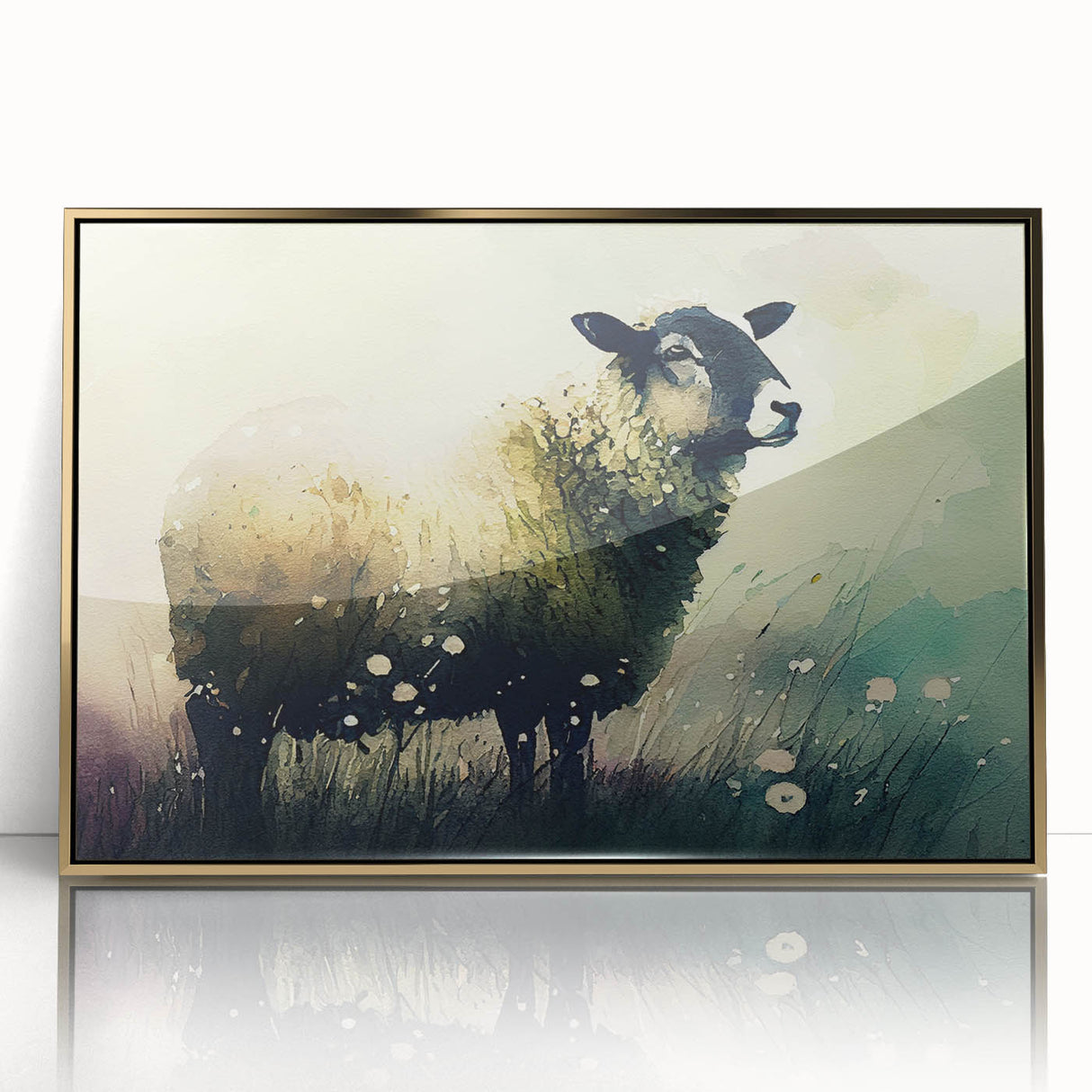 Framed acrylic wall art featuring a striking sheep design in a gold frame, showcasing intricate details and vibrant colors, perfect for animal lovers and home decor enthusiasts.
