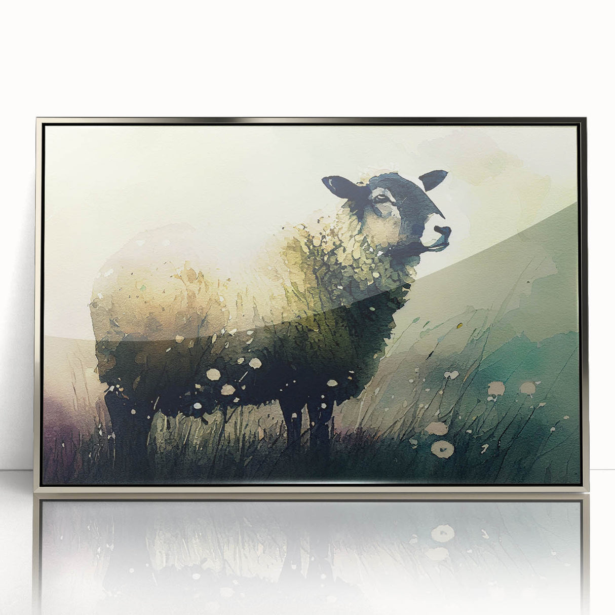 Framed wall art featuring a sheep design from the "Animals a Wild Life" collection, presented in a sleek silver frame, perfect for enhancing home decor.