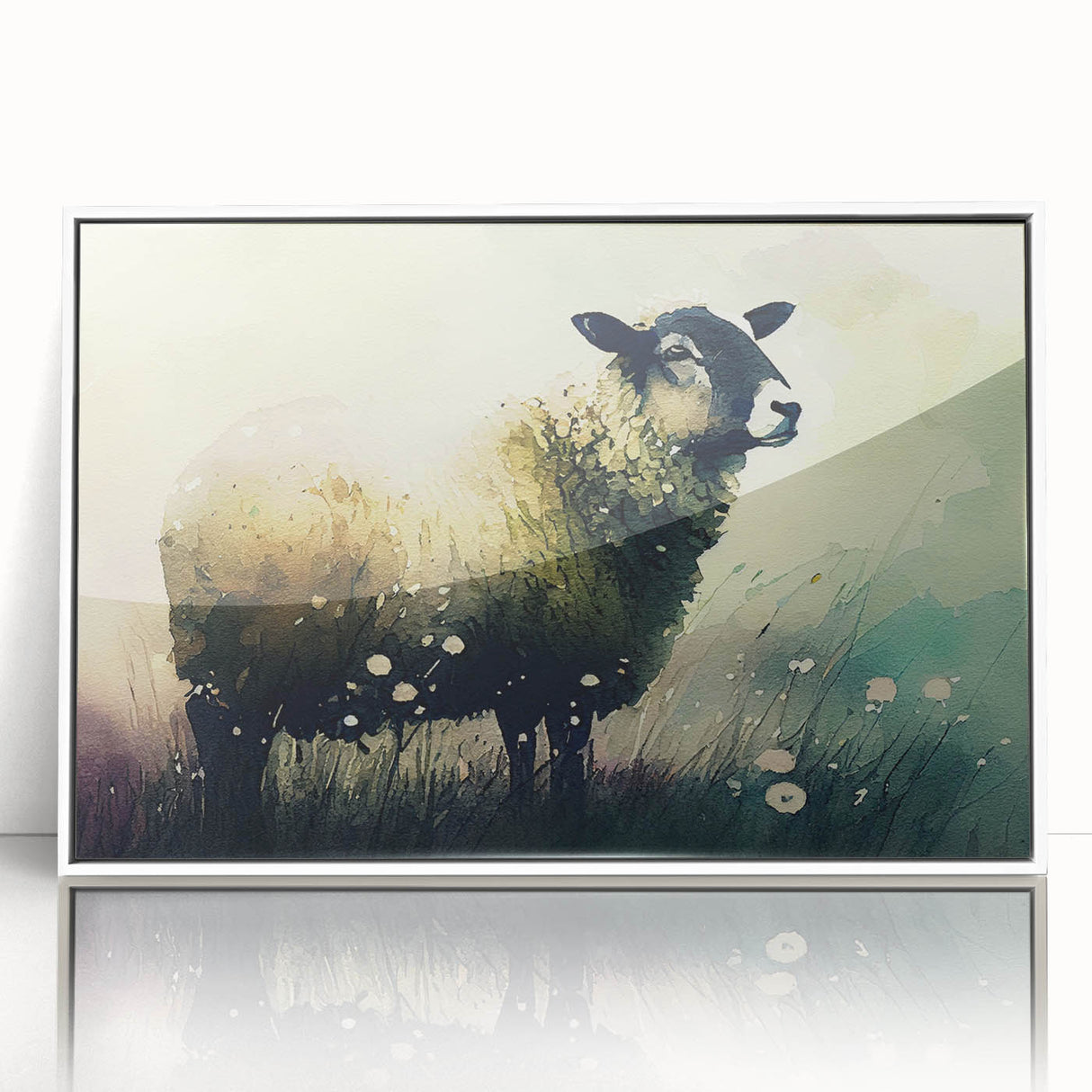 Framed wall art featuring a serene sheep design in a minimalistic style, showcased in a sleek white frame, perfect for adding a touch of nature to your home decor.