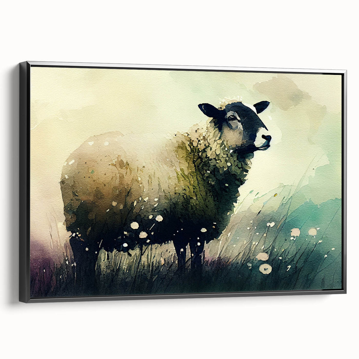 Framed canvas wall art showcasing a striking sheep design from the "Animals A Wild Life" collection, featuring a sleek black frame and side view, ideal for home decor.