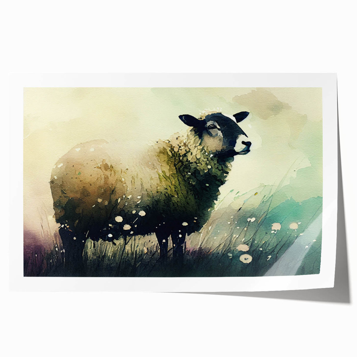 Sheep design wall art print showcasing a serene pastoral scene with gentle colors, rolled for easy framing, perfect for enhancing home decor.