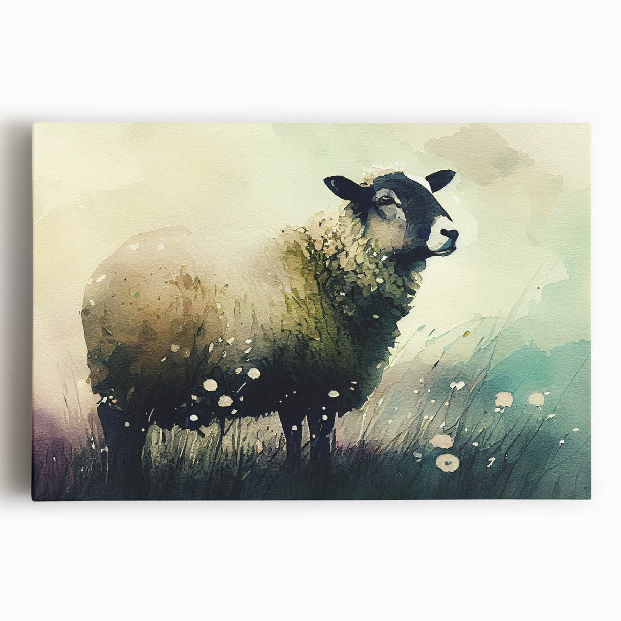 Stretched canvas wall art featuring a vibrant sheep design in a wild-life theme, showcasing intricate details and textures, ideal for home decor.