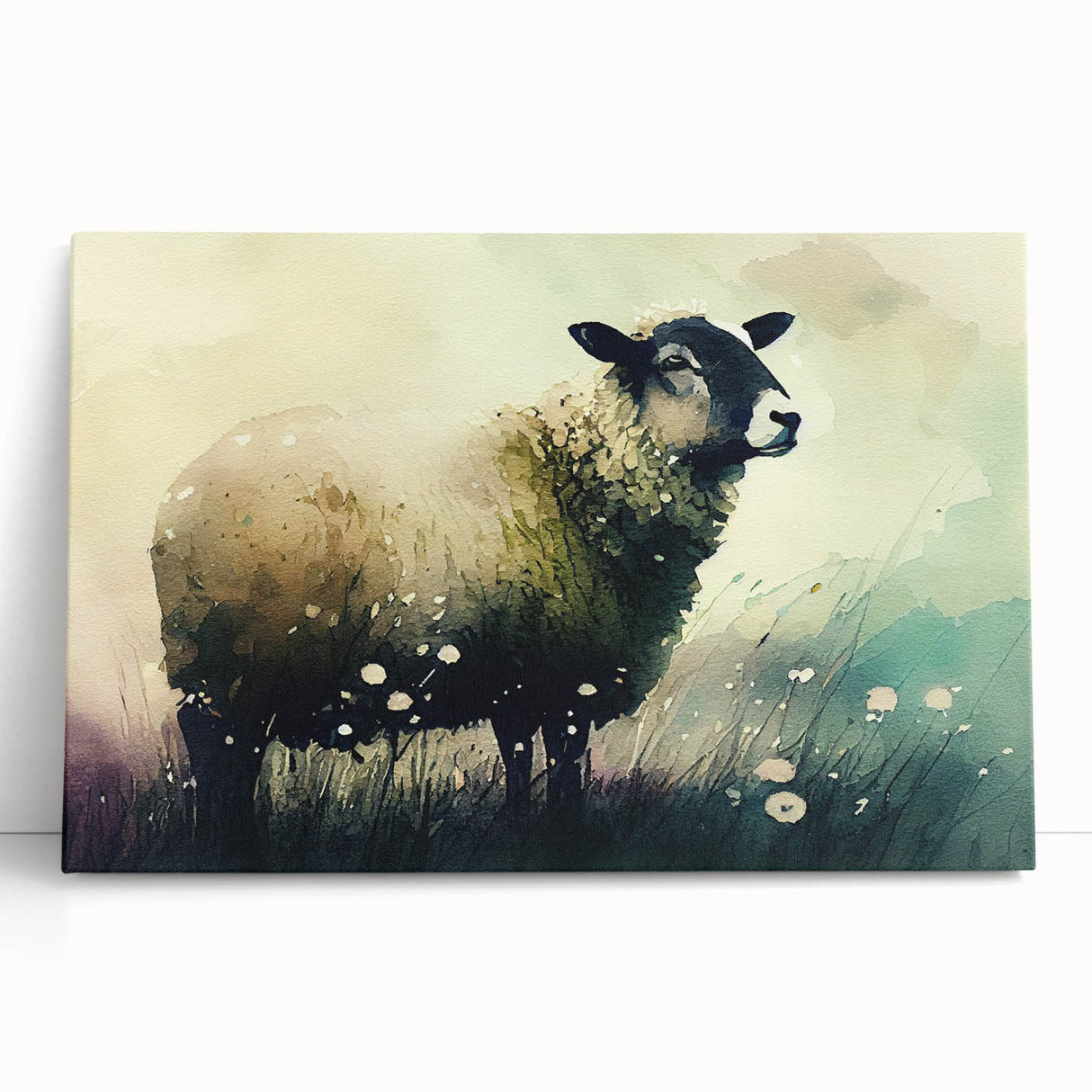 Stretched canvas wall art featuring a serene sheep design in a natural landscape, showcasing soft colors and detailed textures, perfect for rustic home decor.