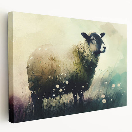 Stretched canvas wall art depicting a serene sheep design in a natural landscape, showcasing soft colors and intricate detailing, perfect for adding a touch of wildlife charm to home decor.