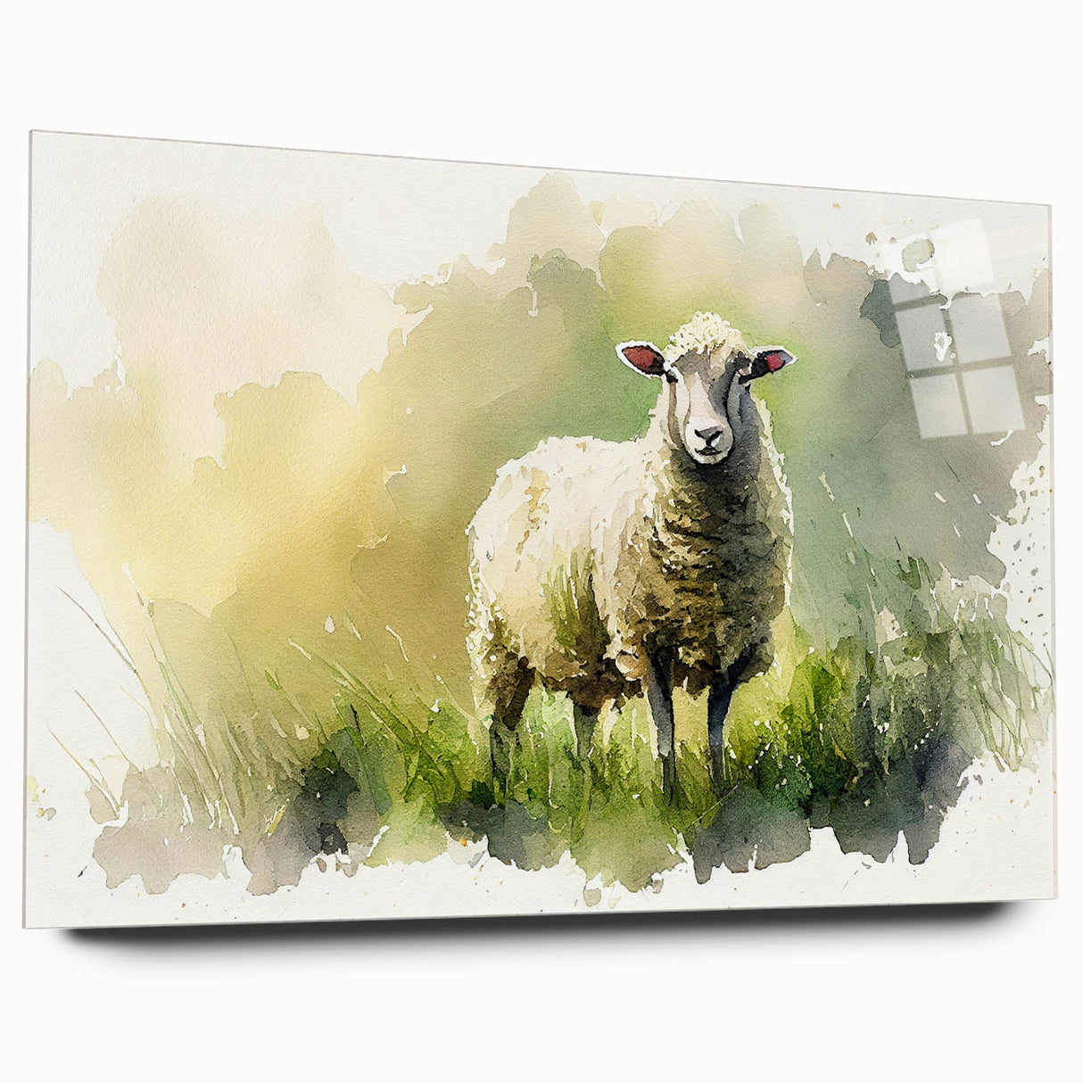 Side view of an acrylic glass wall art piece featuring a vibrant sheep design from the "Animals: A Wild Life" collection, showcasing intricate details and colors, ideal for animal lovers and home decor enthusiasts.