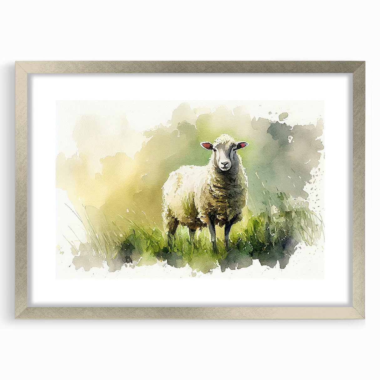 Silver-framed wall art featuring a serene sheep design, elegantly matted and perfect for enhancing home decor, showcasing wildlife in a calming aesthetic.