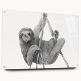 Side view of a sloth wall art design on acrylic glass, showcasing vibrant colors and intricate details, perfect for nature-themed decor. Mounted with pins for easy display, this artwork adds a playful touch to any room while celebrating wildlife.
