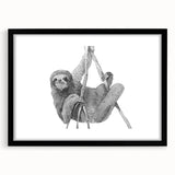 Framed wall art featuring a sloth design from the "Animals: A Wild Life" collection, showcased in a sleek black frame with a white mat, ideal for nature-themed decor.