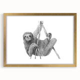 Framed wall art featuring a whimsical sloth design in vibrant colors, accented by a gold frame and mat, perfect for animal lovers and home decor enthusiasts.