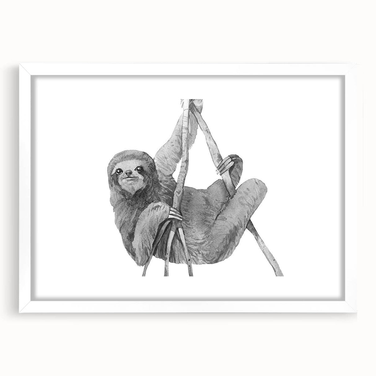 Sloth-themed wall art print displayed in a white frame with a mat, showcasing a colorful and whimsical design perfect for animal lovers and modern decor.