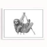 Sloth-themed wall art print displayed in a white frame with a mat, showcasing a colorful and whimsical design perfect for animal lovers and modern decor.