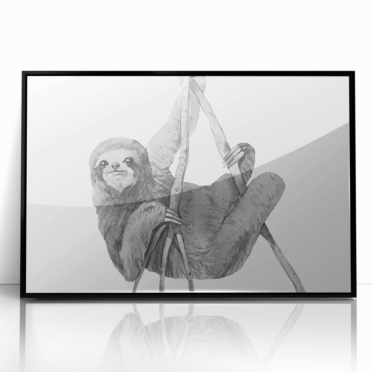 Framed wall art featuring a sloth design in a black frame, showcasing vibrant colors and intricate details, perfect for nature-themed decor and animal lovers.