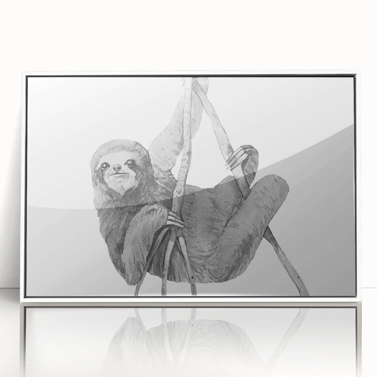 Framed wall art featuring a whimsical sloth design on a white background, showcasing vibrant colors and playful details, perfect for animal lovers and home decor enthusiasts.