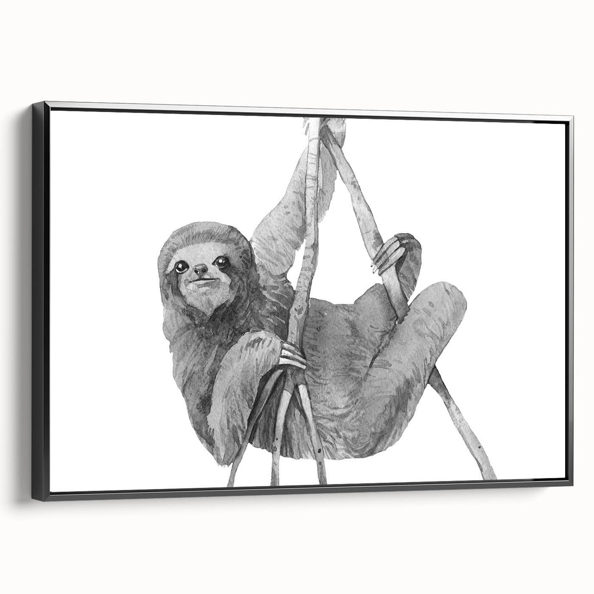 Framed wall art showcasing a sloth design on a black background, highlighting intricate details of the sloth's fur and expressive eyes, perfect for animal lovers.